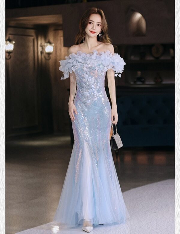 Baby Blue Off-Shoulder 3D Floral Sequin Mermaid Gown/3D Flower, Mermaid Prom Dress, Ice Blue Gala Gown