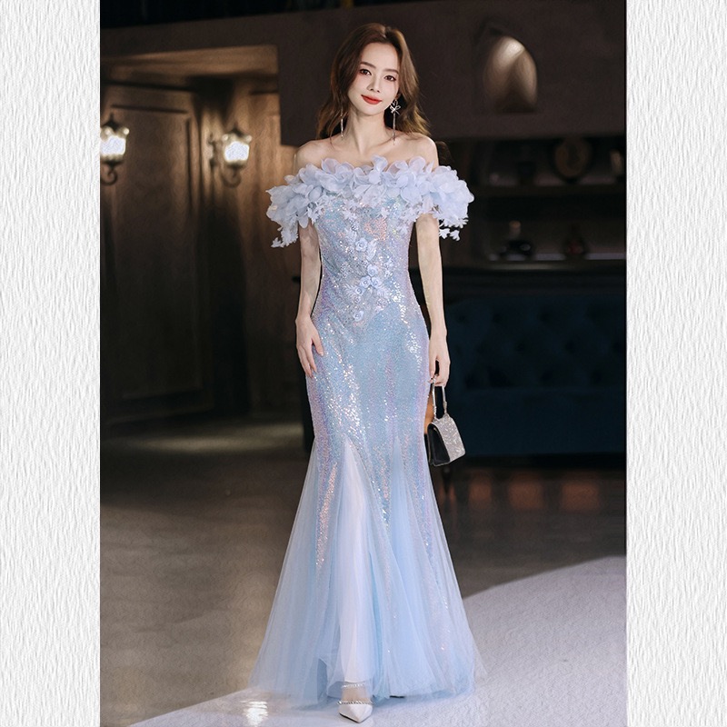Baby Blue Off-Shoulder 3D Floral Sequin Mermaid Gown/3D Flower, Mermaid Prom Dress, Ice Blue Gala Gown