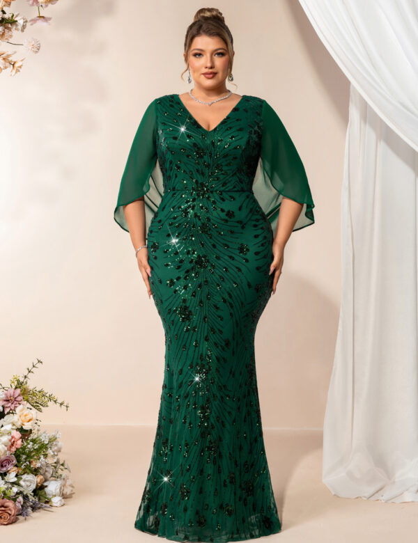 Elegant Plus Size V-Neck Sequin Mermaid Dress with Cape Sleeves | Buy Online NZ