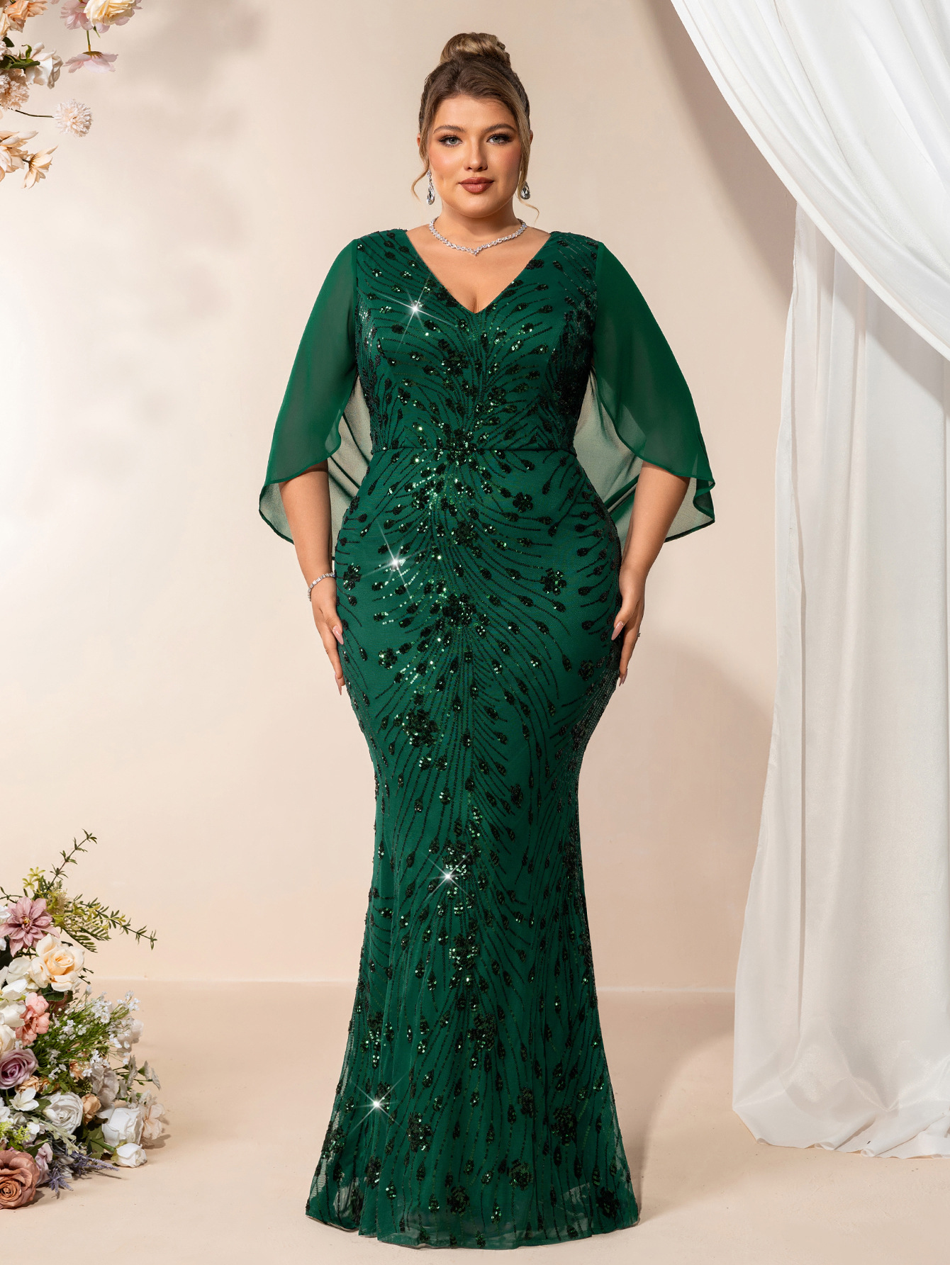 Elegant Plus Size V-Neck Sequin Mermaid Dress with Cape Sleeves | Buy Online NZ